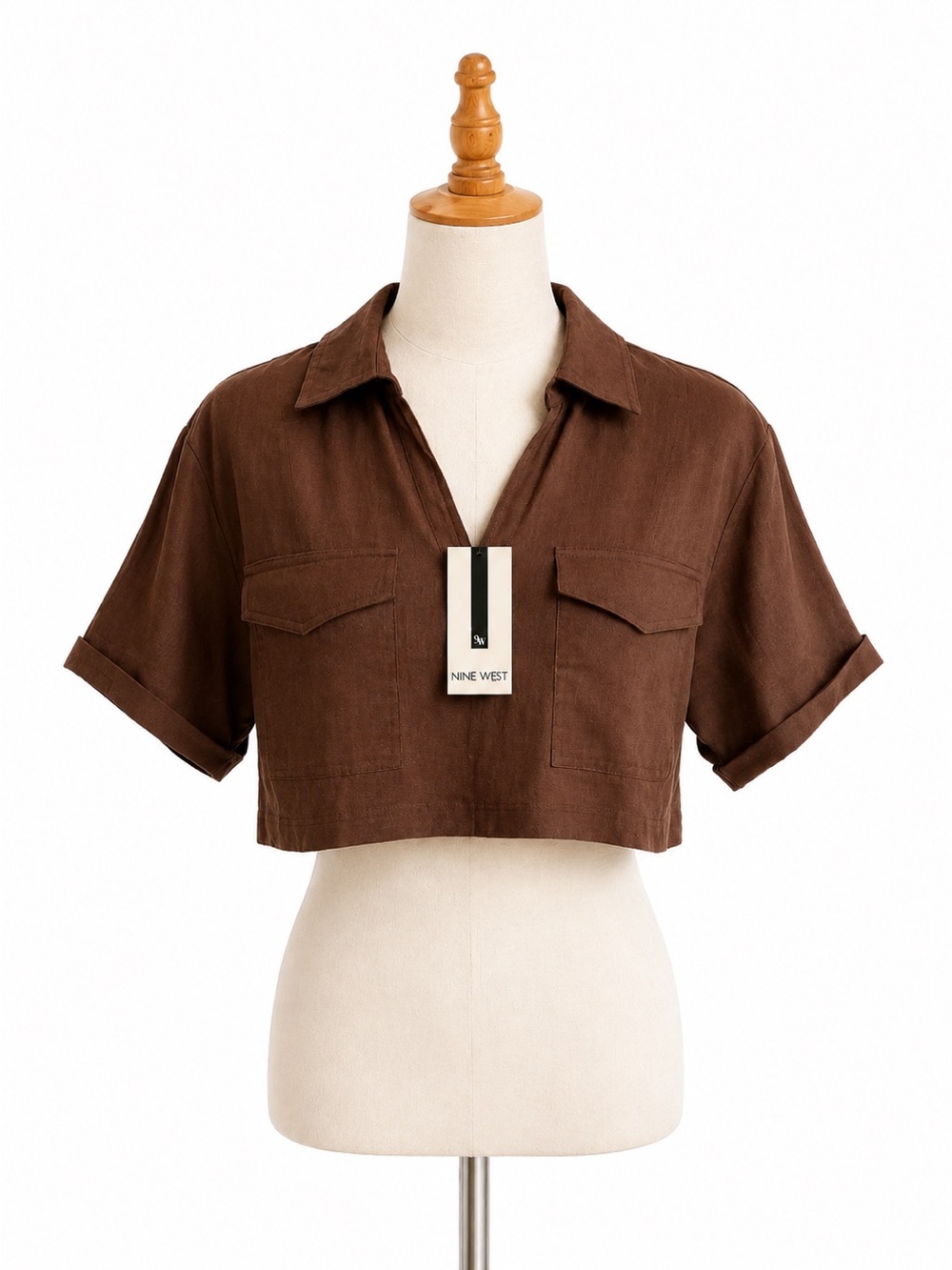 Nine West Brown Cropped Button-Front Camp Shirt